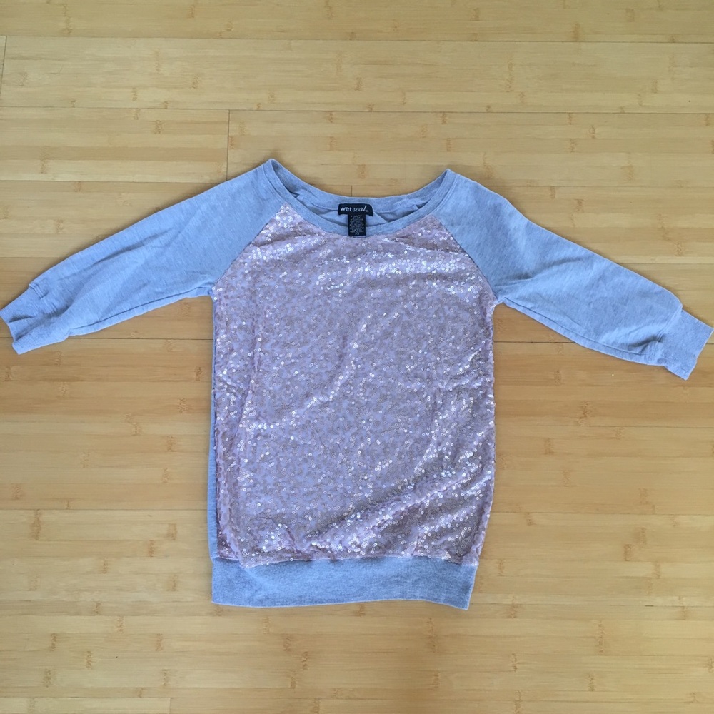 Wet Seal Pink/Grey Sequin Crew Neck Sweater